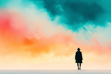 A silhouette stands against a vibrant, colorful sky, blending shades of blue, orange, and pink, creating a dreamy and contemplative atmosphere.