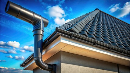 Sleek black downspouts enhance a dark-tiled roof, complementing the blue sky and improving this home's exterior.