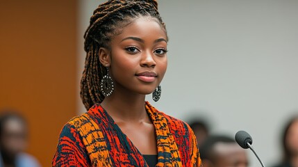 Confident young Black woman speaking at a podium.