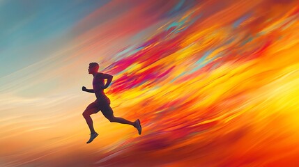 Dynamic Runner Silhouette: Vibrant Digital Painting, Fiery Sunset Background. AI Generated