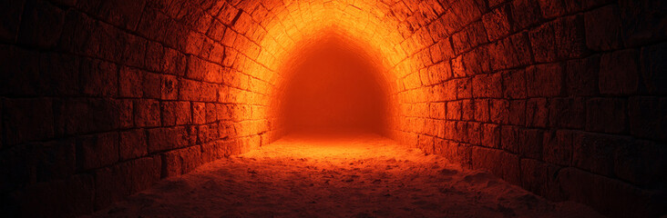 mysterious tunnel with glowing orange light, stone walls, and sandy floor