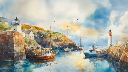 Obraz premium Serene Watercolor Painting: Boats Gently Resting in a Coastal Harbor at Sunrise. AI Generated
