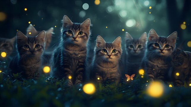 Enchanting Moonlit Cats in a Garden