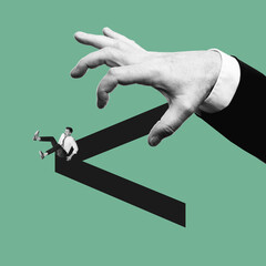 Large hand pushes businessman off edge of less-than symbol, symbolizing risk, corporate challenges,...