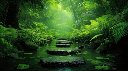 Stepping stones path through lush green jungle rainforest with calm water.