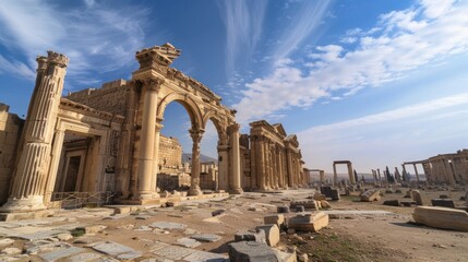 Fototapeta premium Ancient Roman ruins under a vibrant blue sky.