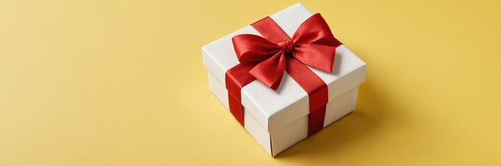 White gift box with red ribbon on yellow background