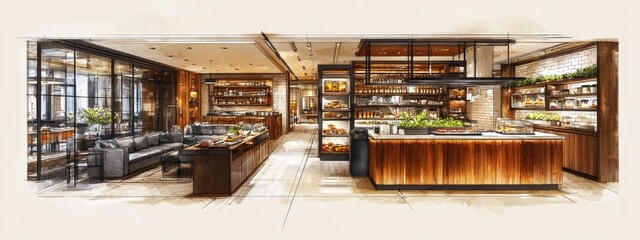 Obraz premium Industrial Interior Design Concept: Modern Kitchen, Dining Area, Island Table, and Bar Counter for Urban Living, Architecture, and Home Renovation