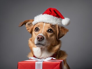 Dog wearing santa hat holding red gift box