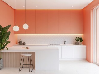 Modern minimalist kitchen with peach walls and gray honeycomb backsplash