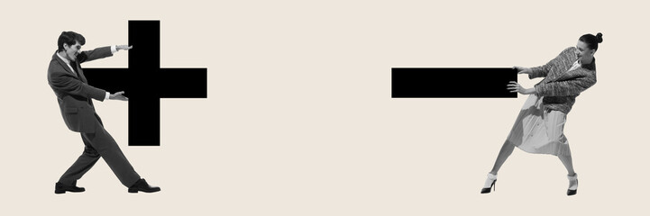 Man and a woman pull opposite sides of large plus and minus symbols, representing balance, decision-making, or conflict in business. Concept of business, balance, collaboration, competition
