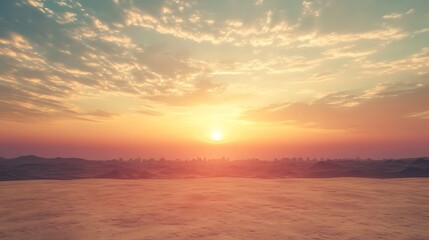Stunning Wide Shot Photo: Vibrant Sunset Gently Illuminates Serene Desert Landscape. AI Generated