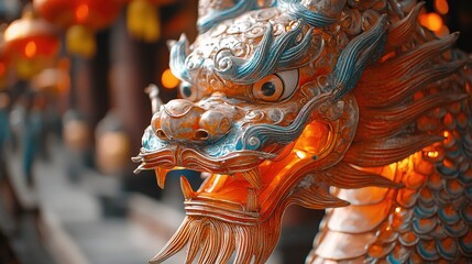 Fototapeta premium A vibrant dragon sculpture with intricate details, illuminated by warm lights.