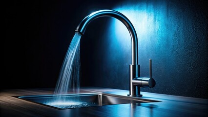 Sleek stainless steel sink, backlit silhouette of a modern faucet, water flowing dramatically.