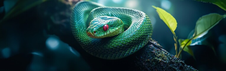 Obraz premium Vibrant Green Snake on a Tree Branch with Bright Scales