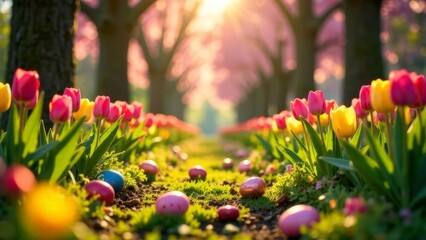 Easter card with bright flowers and painted eggs in the rays of light of a spring garden.