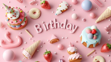 Birthday Party Background with Cake, Ice Cream, Strawberries, and Festive Decorations in a Playful Pink Setting