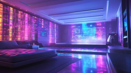 Futuristic Living Room: Vividly Lit 3D Render in a Cyberpunk Style. AI Generated