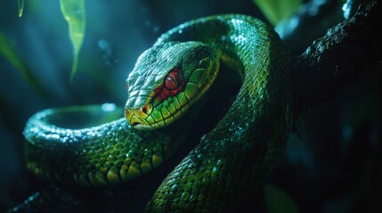 Obraz premium Vibrant Green Snake on a Tree Branch with Bright Scales