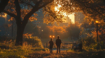 Two children walking in a park during sunset, surrounded by autumn foliage.