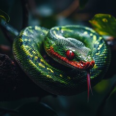 Obraz premium Vibrant Green Snake on a Tree Branch with Bright Scales