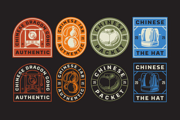 chinese dragon gong, bell, pottery, jar, envelope, packet, hat, cap retro badge logo design collection for chinese lunar new year merchandise and decoration