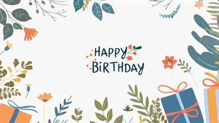Naklejka premium Birthday Celebration with Colorful Gifts and Floral Elements Surrounding a Cheerful 'Happy Birthday' Message in a Playful Design
