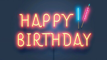 Neon Sign Displaying 'Happy Birthday' with Festive Colors and Colorful Fireworks Illustration for Celebration Events and Parties
