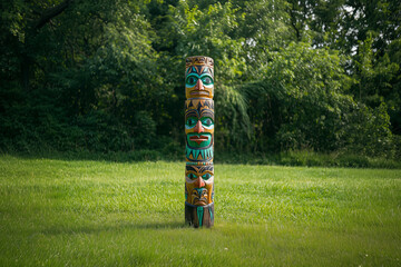 Colorful wooden totem pole standing tall in a lush green setting, showcasing vibrant craftsmanship and cultural symbolism during daylight