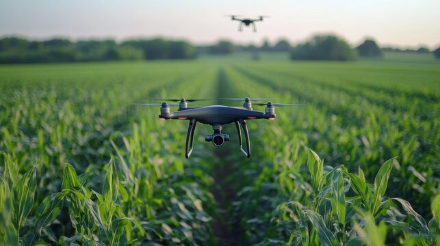 Two drones flying over a green cornfield, showcasing agricultural technology in action.
