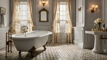 A large white bathtub with gold trim sits in a bathroom with white walls and a white sink. The room is decorated with curtains and a mirror, and there is a vase with flowers on a table