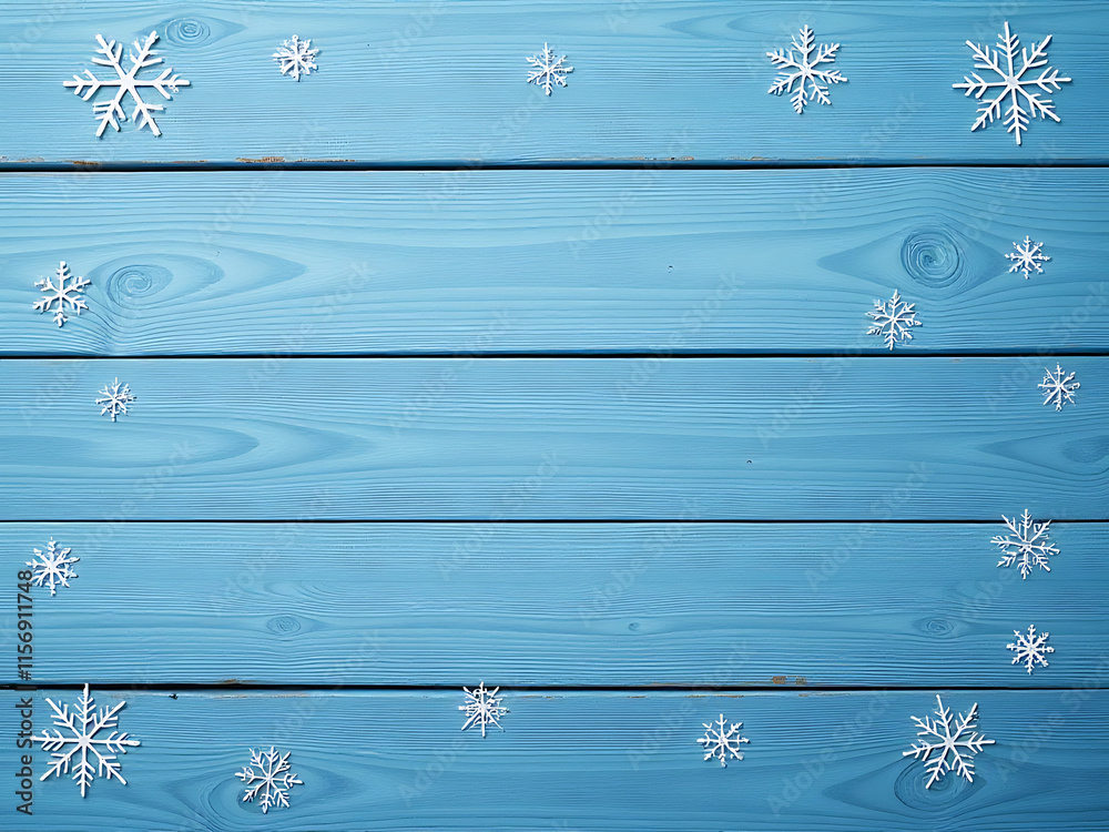 Aufkleber Winter Wood Planks Feature A Textured Blue Design With Delicate Snowflake Patterns In The Background For A Serene Atmosphere. 00003