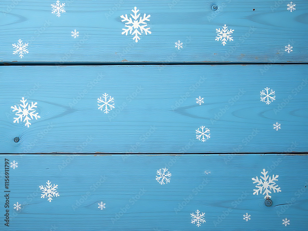 Aufkleber Winter Wood Planks Feature A Textured Blue Design With Delicate Snowflake Patterns In The Background For A Serene Atmosphere. 00002