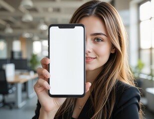 Office lady in black shirt, Showing Mobile Phone with Blank White Screen, covering half of her face with smart phone, in Modern Office. This image is relevant to use in a business, technology or commu