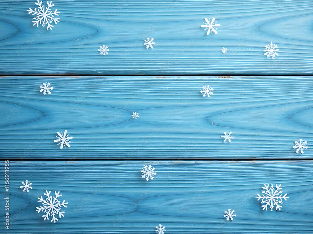 Aufkleber Winter Wood Planks Feature A Textured Blue Design With Delicate Snowflake Patterns In The Background For A Serene Atmosphere. 00001
