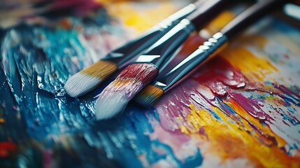 Fototapeta premium Close-up Photo: Vibrantly Painted Artist Brushes Resting on a Colorful Palette. AI Generated