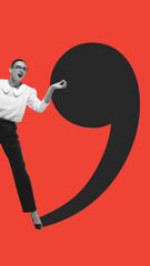 Businesswoman interacts with large comma, symbolizing communication, pause, continuation, set against red background. Contemporary art collage. Concept of business, leadership, strategic thinking