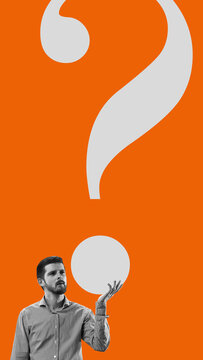 Businessman standing with large question mark on his hand, symbolizing uncertainty, solutions on orange background. Contemporary art collage. Concept of business, problem-solving, leadership