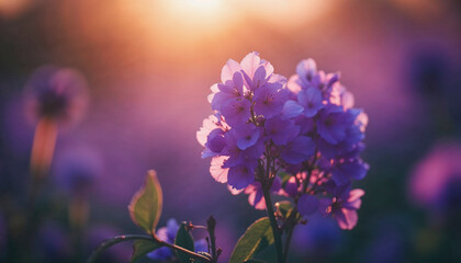 A purple flower with a few leaves is in the foreground of a field. The flower is surrounded by other flowers and plants, creating a peaceful and serene atmosphere