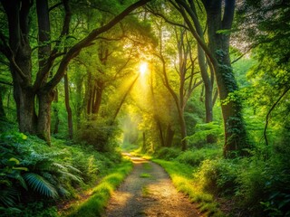 Obraz premium Enigmatic Forest Path: Mysterious Woodland Trail Leading into the Deep Woods