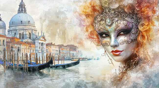 Hermoso fondo de acuarela decorativa con una mujercon disfraz y mascara de carnaval veneciano sobre fondo del gran canal, gondolas y edificios venecianos. Concepto fondos de carnaval