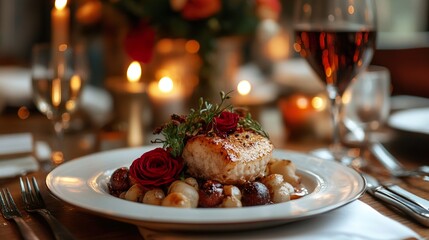 Romantic Dinner: Delicious Seafood Dish with Roses