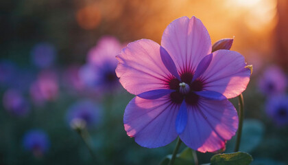 A close up of a purple flower with a blue center. The flower is surrounded by other purple flowers