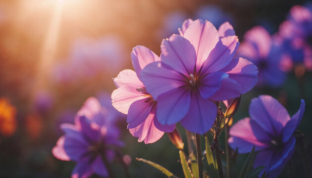 A bunch of purple flowers are in a field with the sun shining on them. The flowers are in full bloom and are very pretty