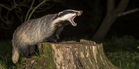 European Badger Yawning on Tree Stump - Long Exposure Wildlife Photography