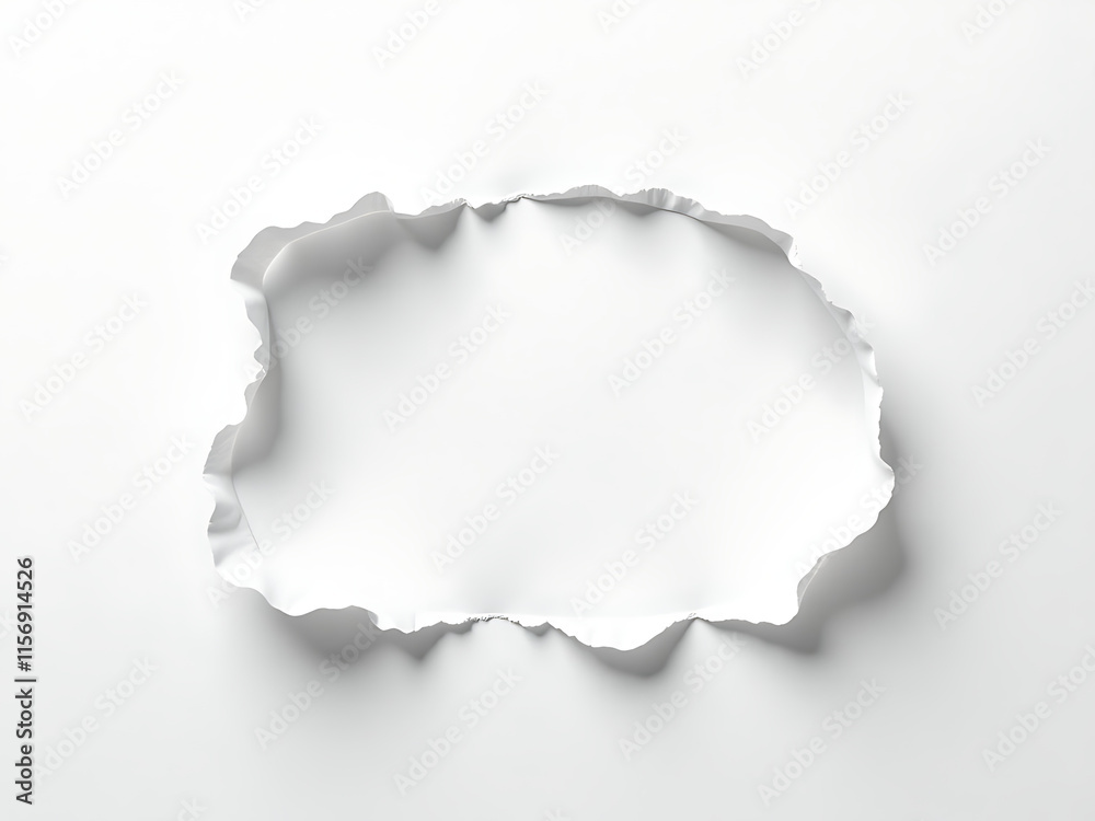 Poster white paper with a hole, ragged edges, on a contrasting white background creating an unusual visual 