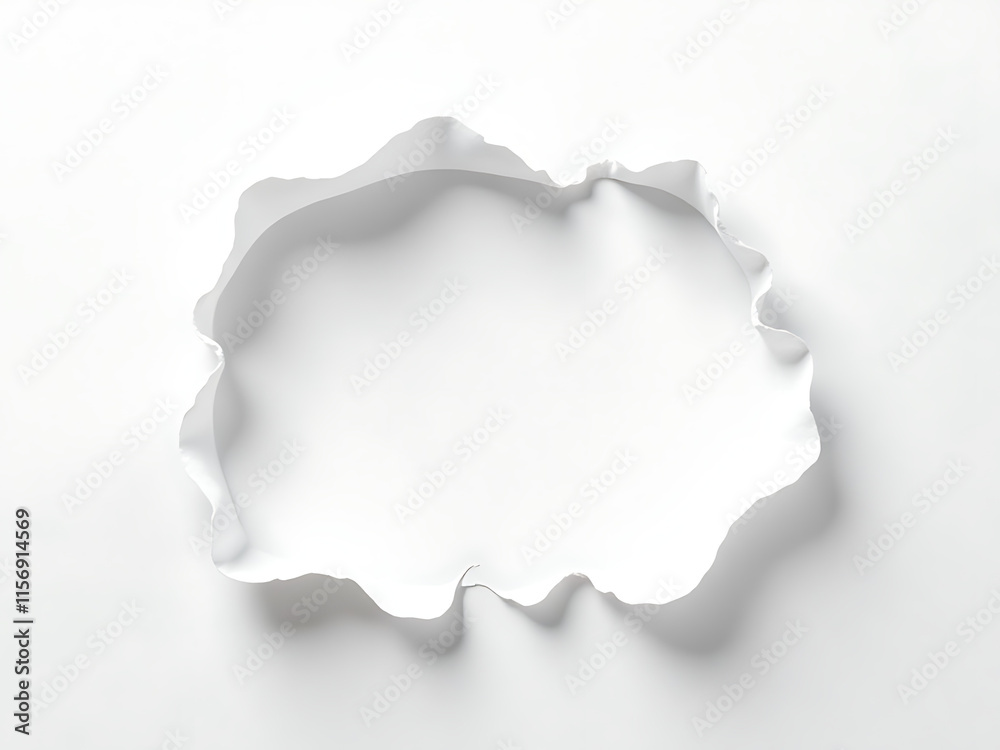 Poster white paper with a hole, ragged edges, on a contrasting white background creating an unusual visual 