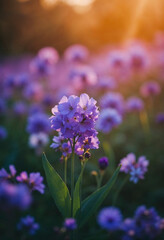 A field of purple flowers with a bright sun shining on them. The flowers are in full bloom and the sun is casting a warm glow on the scene