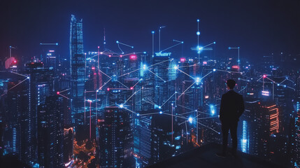 Fototapeta premium Smart digital Innovation city with connection network reciprocity over the cityscape. of future smart wireless city and social media networking systems that connects business people with in city