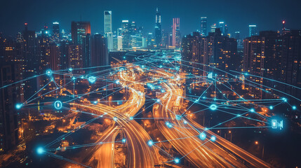 Fototapeta premium Smart digital Innovation city with connection network reciprocity over the cityscape. of future smart wireless city and social media networking systems that connects business people with in city